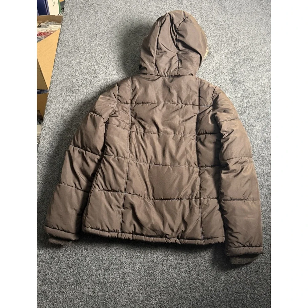 Old Navy Boys XL 14 Brown Puffer Jacket Faux Fur Hood Fleece Lined 856599-01